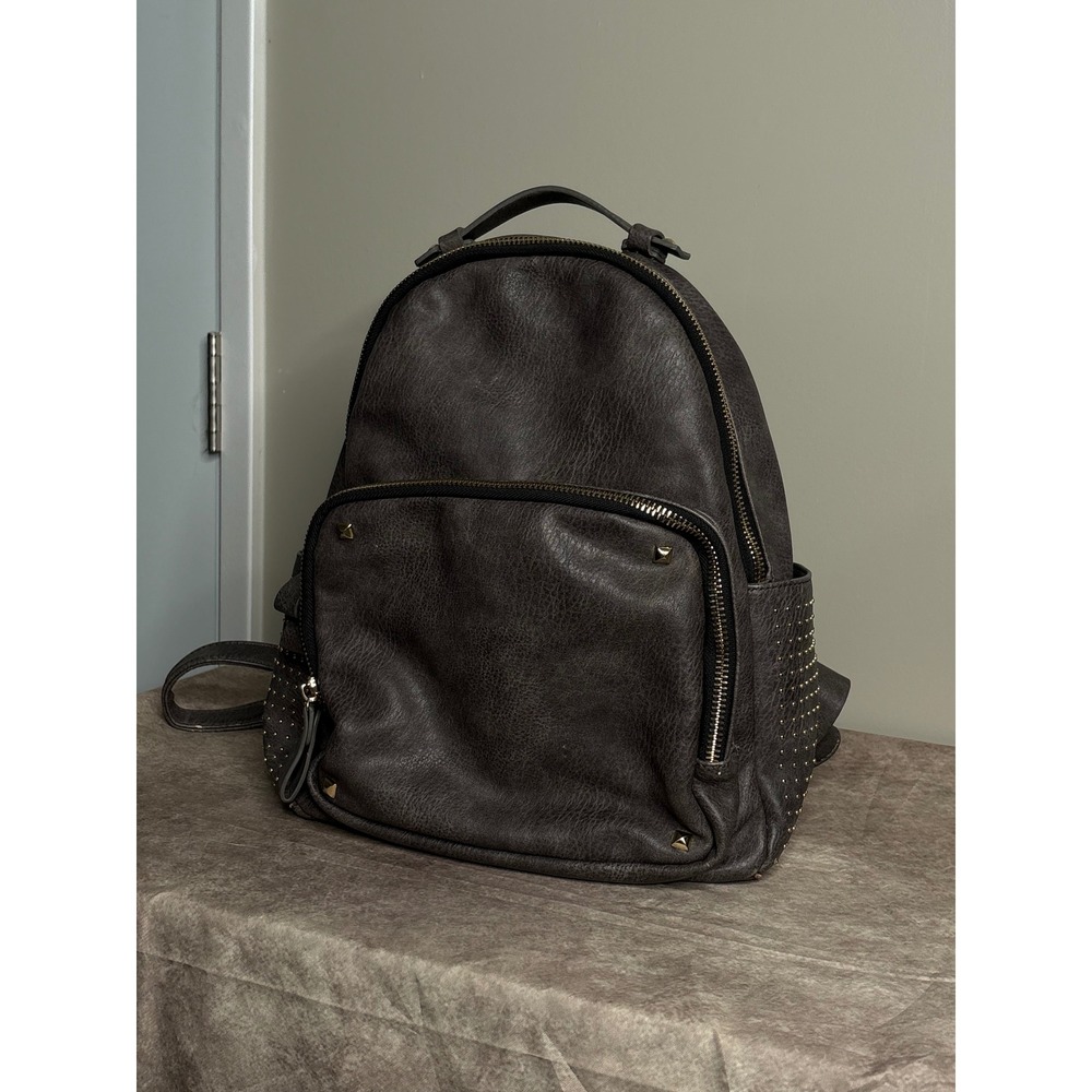 MMS Studded Faux Leather Backpack Charcoal Gray Distressed Gold Hardware Bag